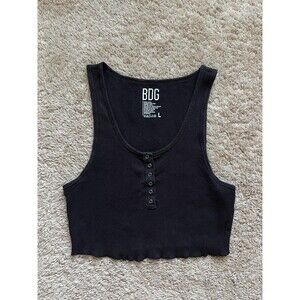 BDG Oh Snap Ribbed Cropped Henley Tank Top in Vintage Black Size LARGE